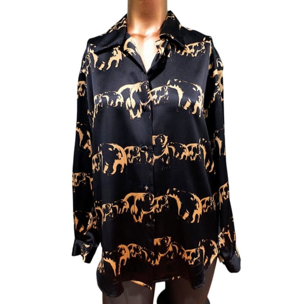 Vintage Ann May 100% Silk Button‎ Down Shirt w/Polar Bear Print, Blk/Beige, Sz S